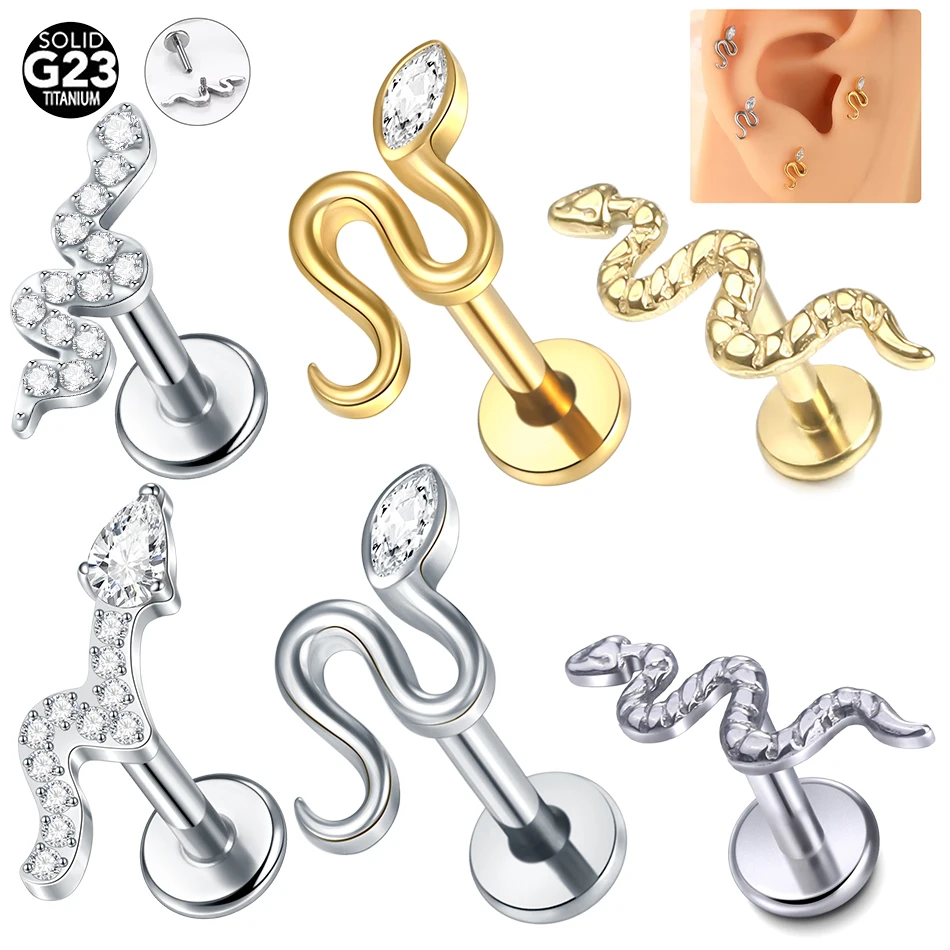 10pcs/lot Titanium Viper Snake CZ Labret Cartilage Stud Earring Flat Back Conch Helix Tragus Lip Piercings Sexy Jewelry 16G