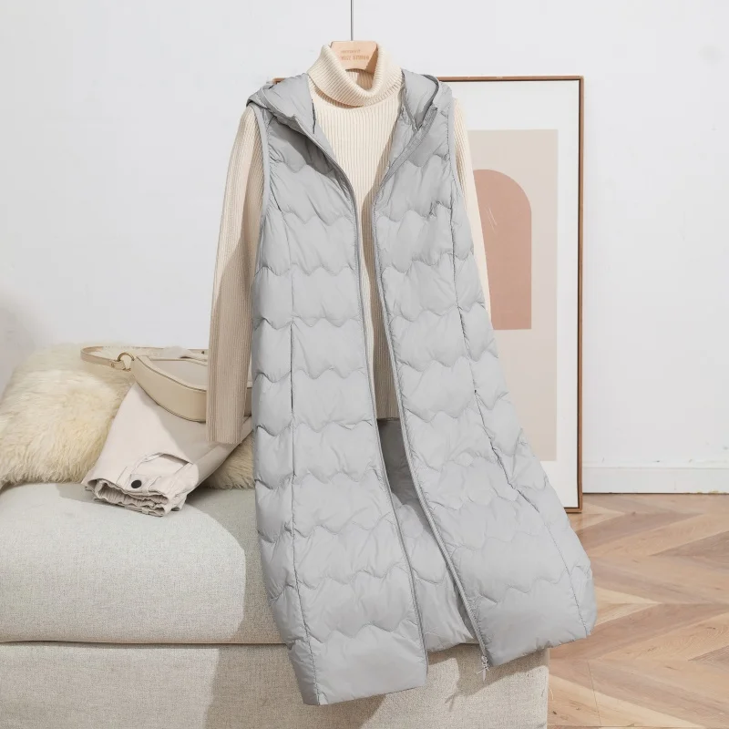 Chaleco largo con capucha para mujer, chaleco con capucha 90% de plumón de pato blanco para ir al trabajo, moda sencilla, otoño e invierno, 2025