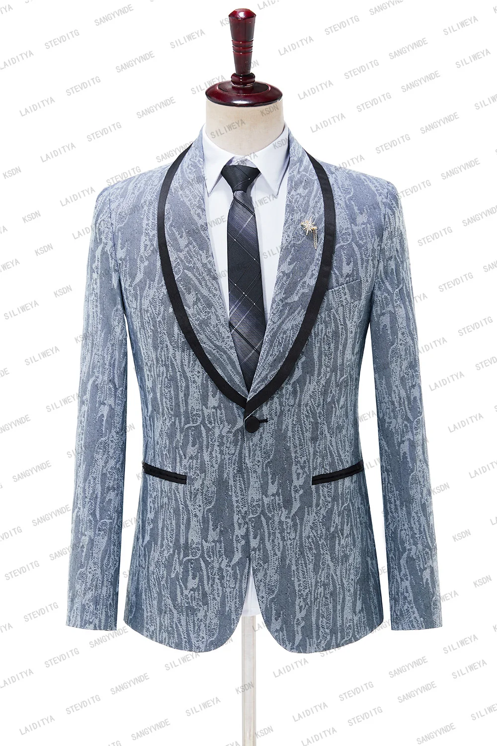 2023 New Mens Suits Light Blue Denim Jacquard With Black Satin Trimmed Lapel Tuxedo 2 Pcs Groom Terno Suits For Men（Jacket+Pant）