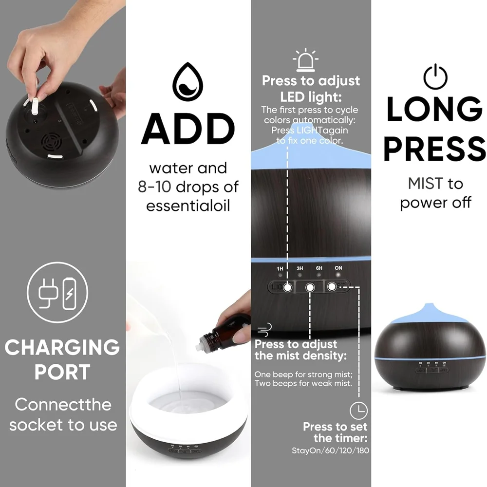 550ml Ultrasonic Essential Oil Diffuser with Auto Shutoff 7-Color Lights BPA Free for Home Aromatherapy