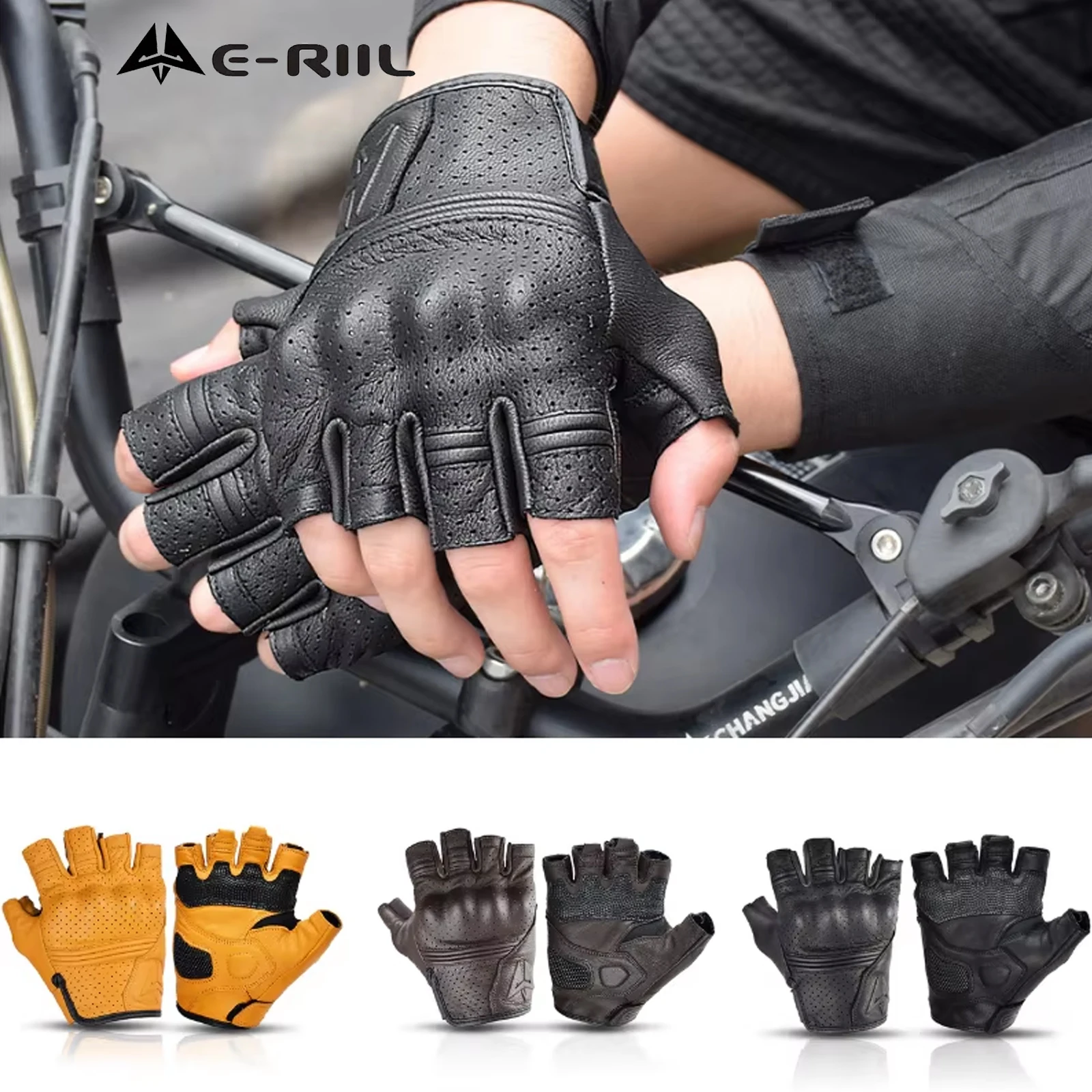 

Summer Yellow Motorbike Fingerless Sheepskin Cowhide Leather Motorcycle Gloves Retro Half Finger Moto Glove for Men Women Riding
