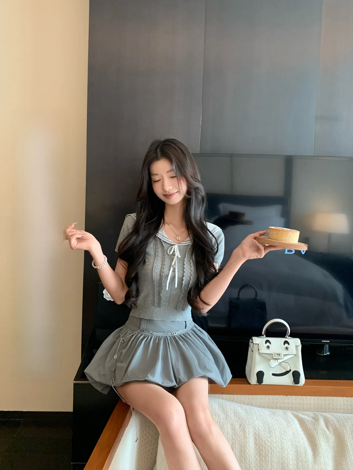 

LIONE Tokyo School Navy Collar Short Sleeve Cloud Feel Ruffle Half Skirt Set Women's Fashion Ensemble Spring Season Casual Wear