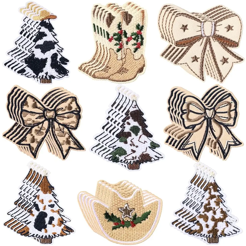 

45 Pcs Christmas Patches Western Cowboy Embroidered Sew on Patches Bow Christmas Tree Cowboy Hat Applique DIY Coquette Acces