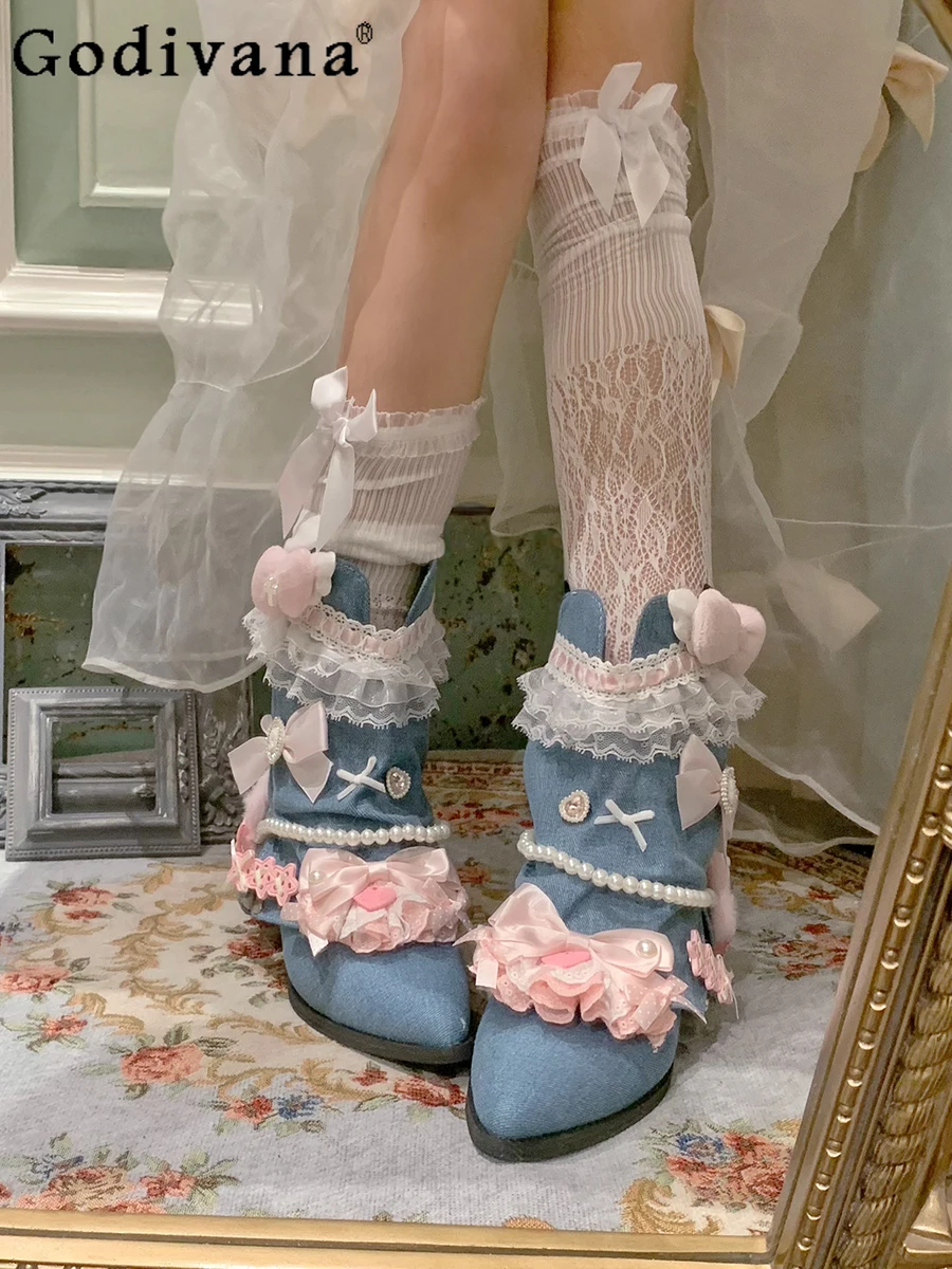 

Original Retro Lolita Japanese Style Bow Lace Denim Short Boots Sweet Cool Girl Street Doll Feel Pointed Thick Heel Women's Shoe