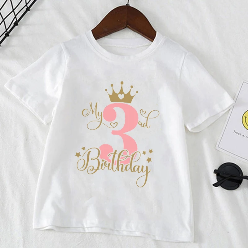 Kids T Shirt Birthday Numbers 1-10 Crown Shirt Summer Girls Birthday Tops White Short Sleeve Wild Tees Children Party Clothes