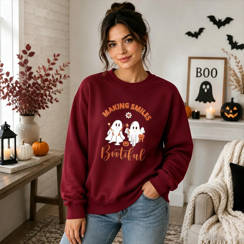 Making Smiles Bootiful Cute Ghost Floral Graphic Print Crew Neck Sweatshirt Women Casual Pullover Tops Fall Halloween Sweatshirt
