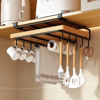 Under Cabinet Kitchen Organizer Rack with Hooks Multi-Purpose Storage Shelf for Paper…