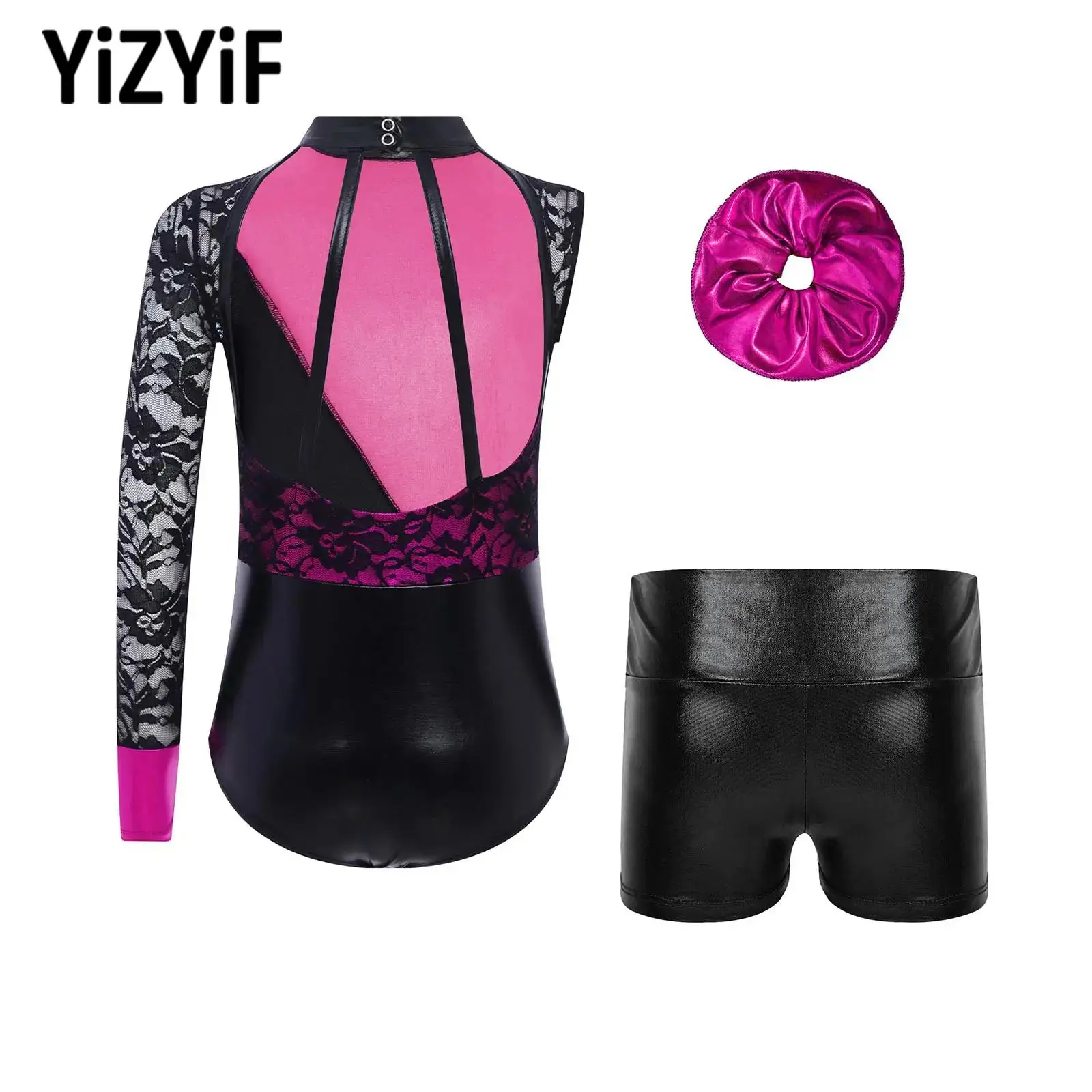 

Girls Ballet Outfit Cutout Back Asymmetrical Lace Leotard+Shiny Shorts+Hairband 3-piece Dancewear Set for Gymnastics Performance