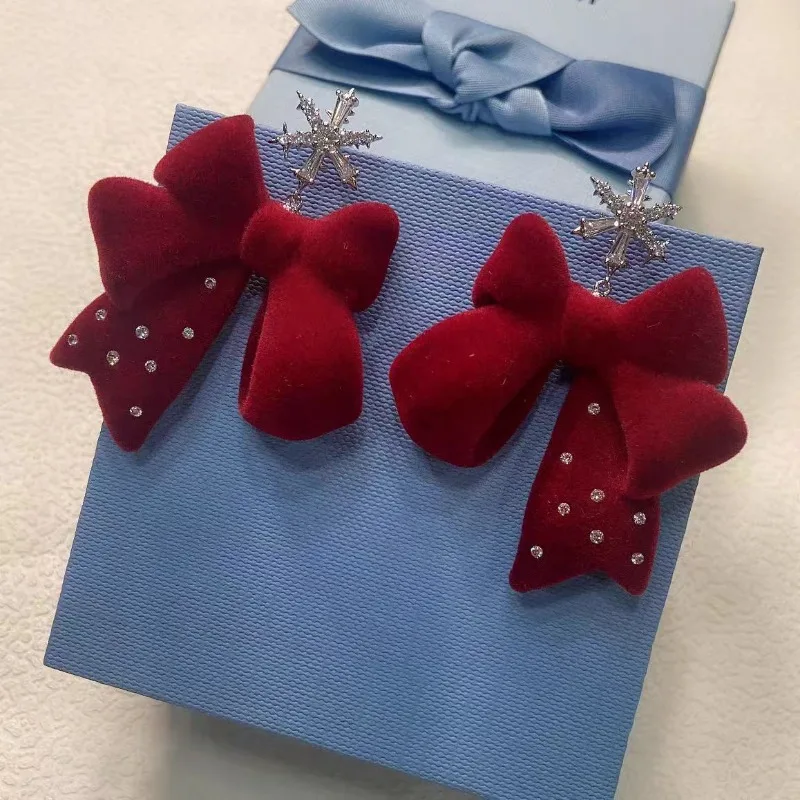 Velvet Snowflake Bow Ribbon Earrings Christmas New Year Elegant Stud Style Red Holiday Jewelry Fashion Accessory Gift for Women