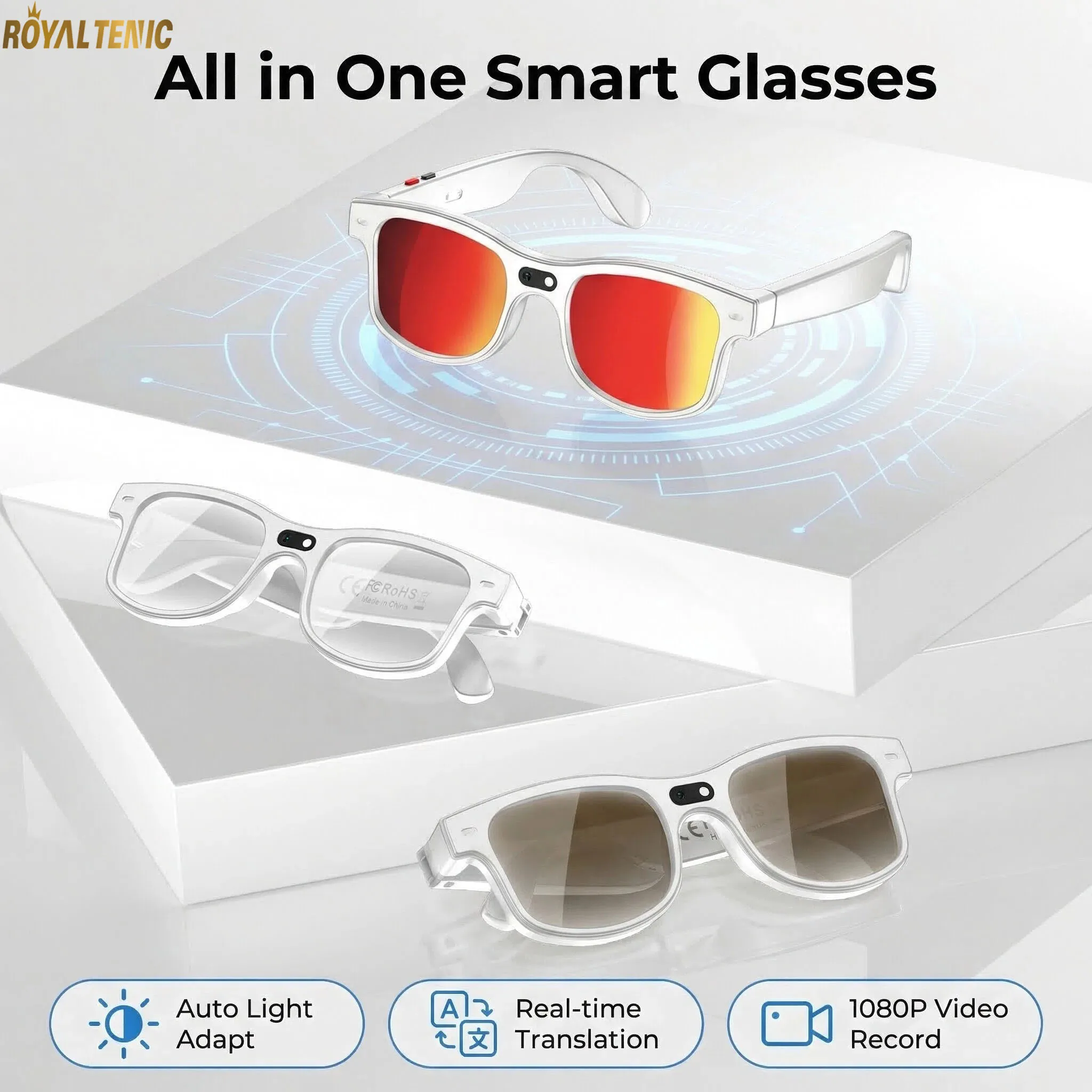 

Умные очки G3 AI с Bluetooth, 8-мегапиксельной HD-камерой, записью видео, встроенными микрофоном и динамиками, сенсорным управлением и голосовым помощником