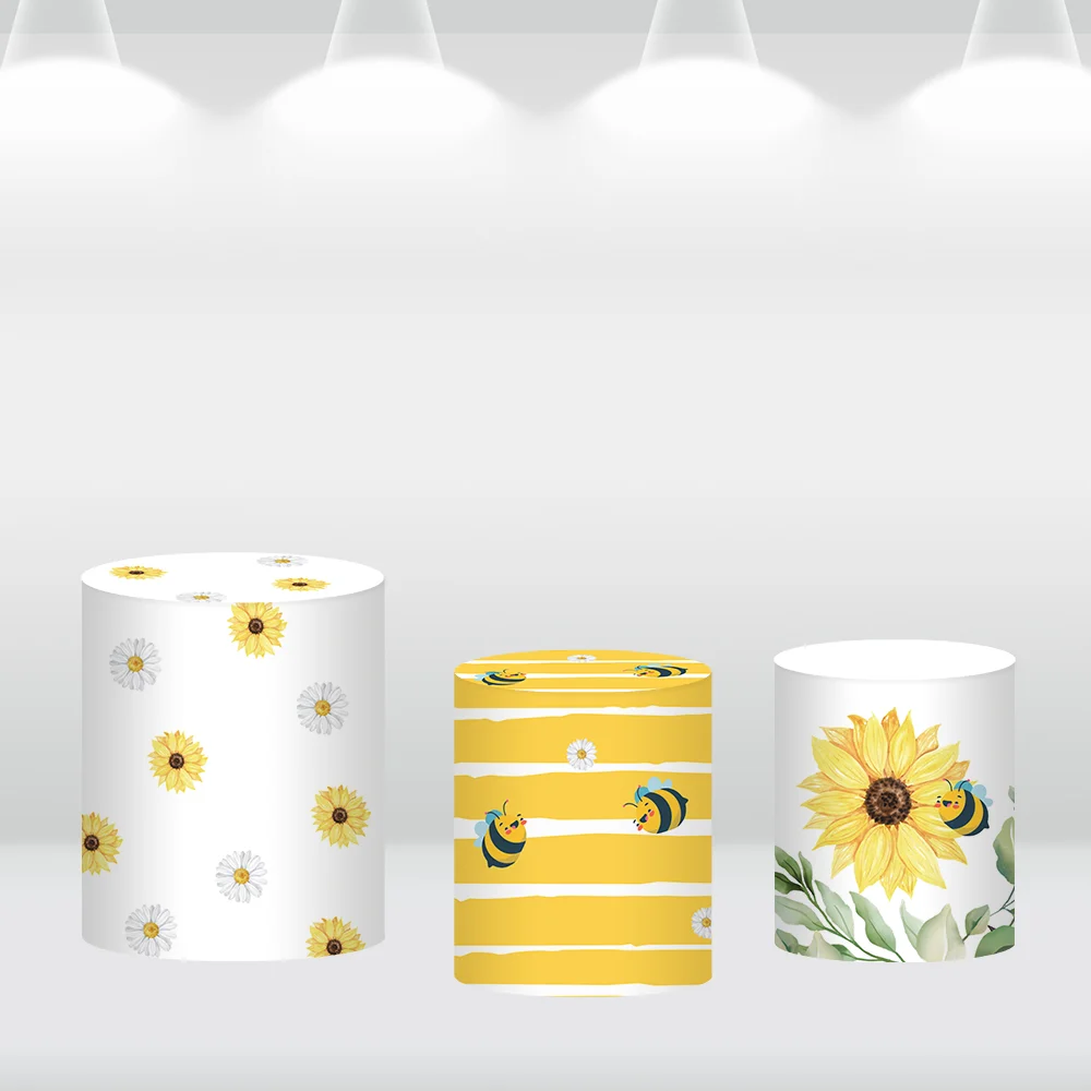 Bee First Birthday Round Backdrop Cover Sunflower Honey Bee Baby Shower Background Photography Cake Table Decoration