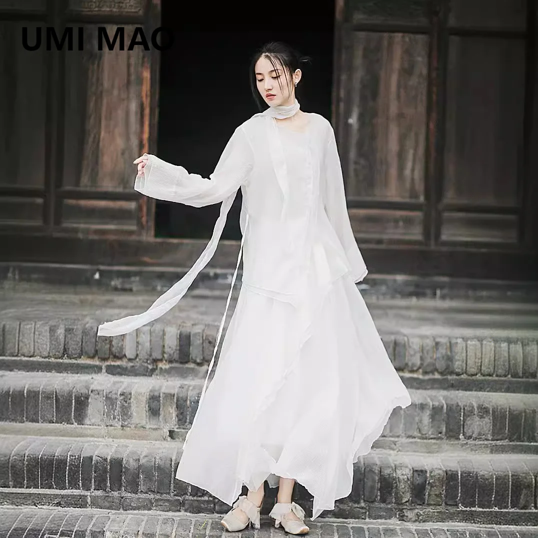 UMI MAO New Small Warm Wrinkled Ruffled Shirt Top Half Skirt Set Femme Cool And Gentle Style Set For Women Y2K