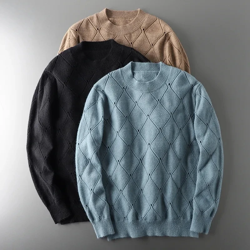 

Мужской высококачественный вязаный свитер с круглым вырезом, модная верхняя одежда, дизайн с ромбовидным узором, осенне-зимний, утолщенный, с длинными рукавами, молодежный стиль.