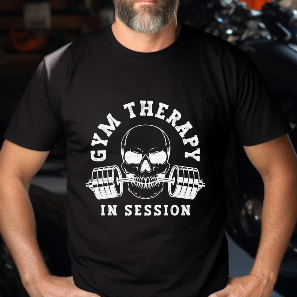 Gym Therapy In Session Funny Skull Bite Barbell Graphic T Shirt Unisex Vintage Workout Cotton Tee Trendy Bodybuilder Street Tops