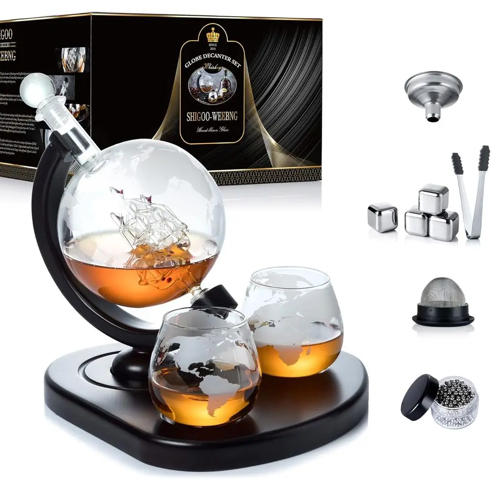 

Whiskey Globe Decanter Set with 2 Glasses, Beads, Ice Cubes, Tong & Funnel for Men, Women - Perfect Gift for Whisky, Liquor, Win