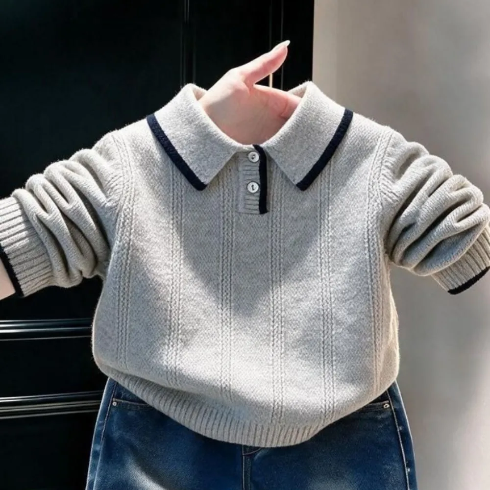 Children Pullover Knit Sweater 2026 Fall Winter New Boys Fashion Turn-down Collar Base Layer Shirt Kids Clothing