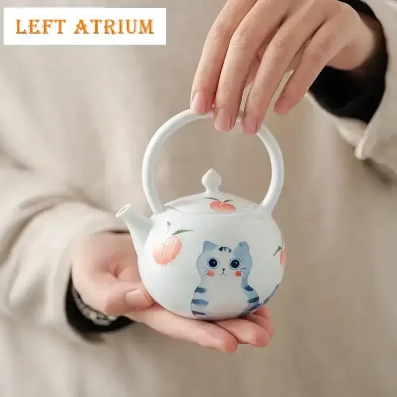 

Hand-Painted Cat Teapot Single Tea Making Little Teapot Ceramic Cute Small Chinese Kung Fu Loop-Handled Teapot Tea Kettle