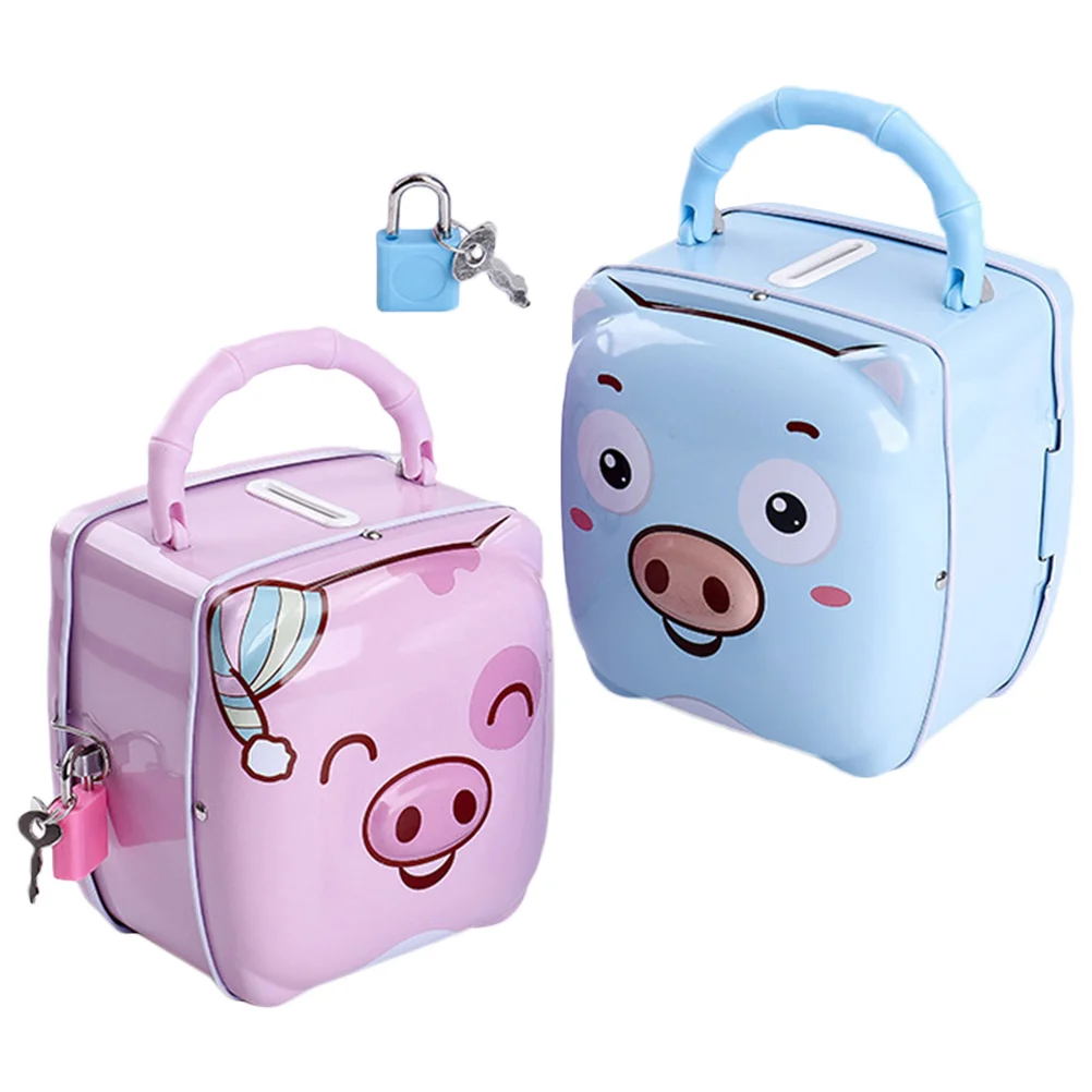 

2pcs Portable Handheld Piggy Bank for Kids Cute Coin Container Storage Box Desktop Decor Adorable Gift Iron Metal Bank Student