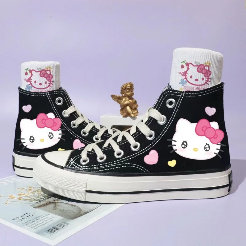 

High top canvas shoes, women's spring, summer, autumn cartoon Hello Kitty student sports shoes, flat bottomed board shoes