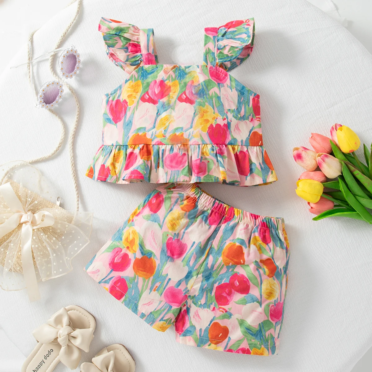 Summer Small Flying Sleeves Children\'S Clothing, New Tulip Casual Fashion Baby Girl Two Piece Set (9 Months -3 Years Old)