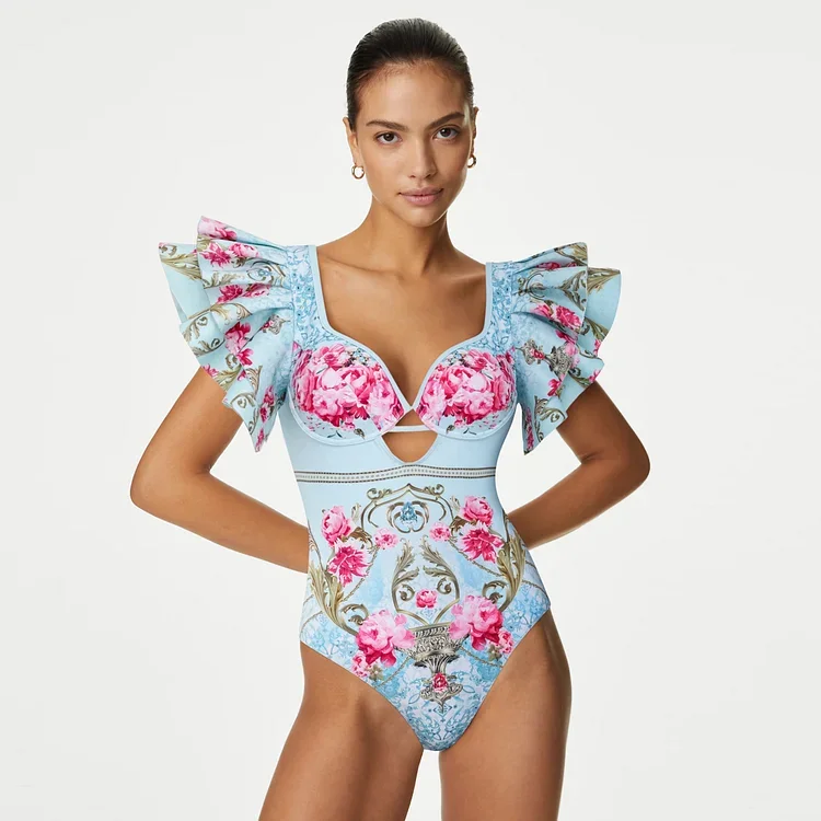 2024  Women Vacation Beachwear Luxury Bathing Suit Ruffled Blue Blooming Flowers Print One Piece Swimsuit and Skirt