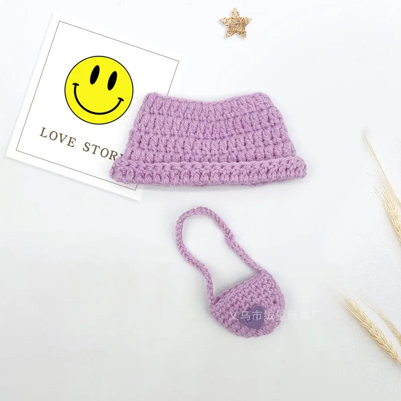 Adorable Handmade Crochet Bucket Hat With Mini Shoulder Bag Set Knitted Doll Accessories For 17CM Small Plush Toy Dress Up Decor view 3