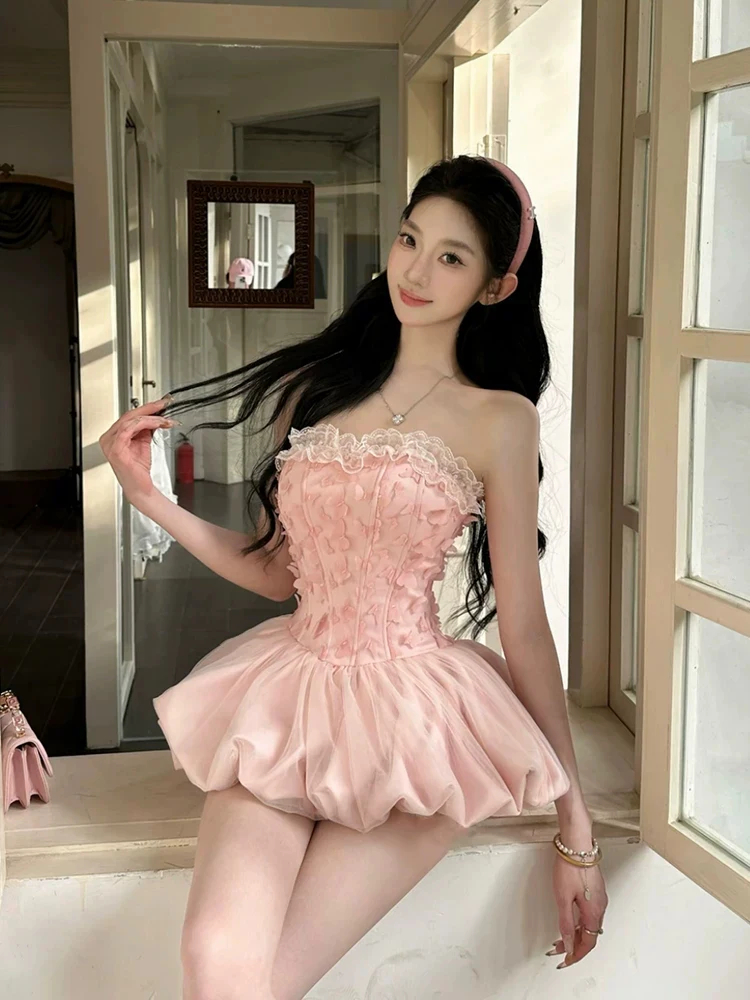

XZY plus Size Pure Desire Princess Style Lace Bustier Dress Women's Summer Waist Cinched Flared Skirt High Waist A-Line Dress