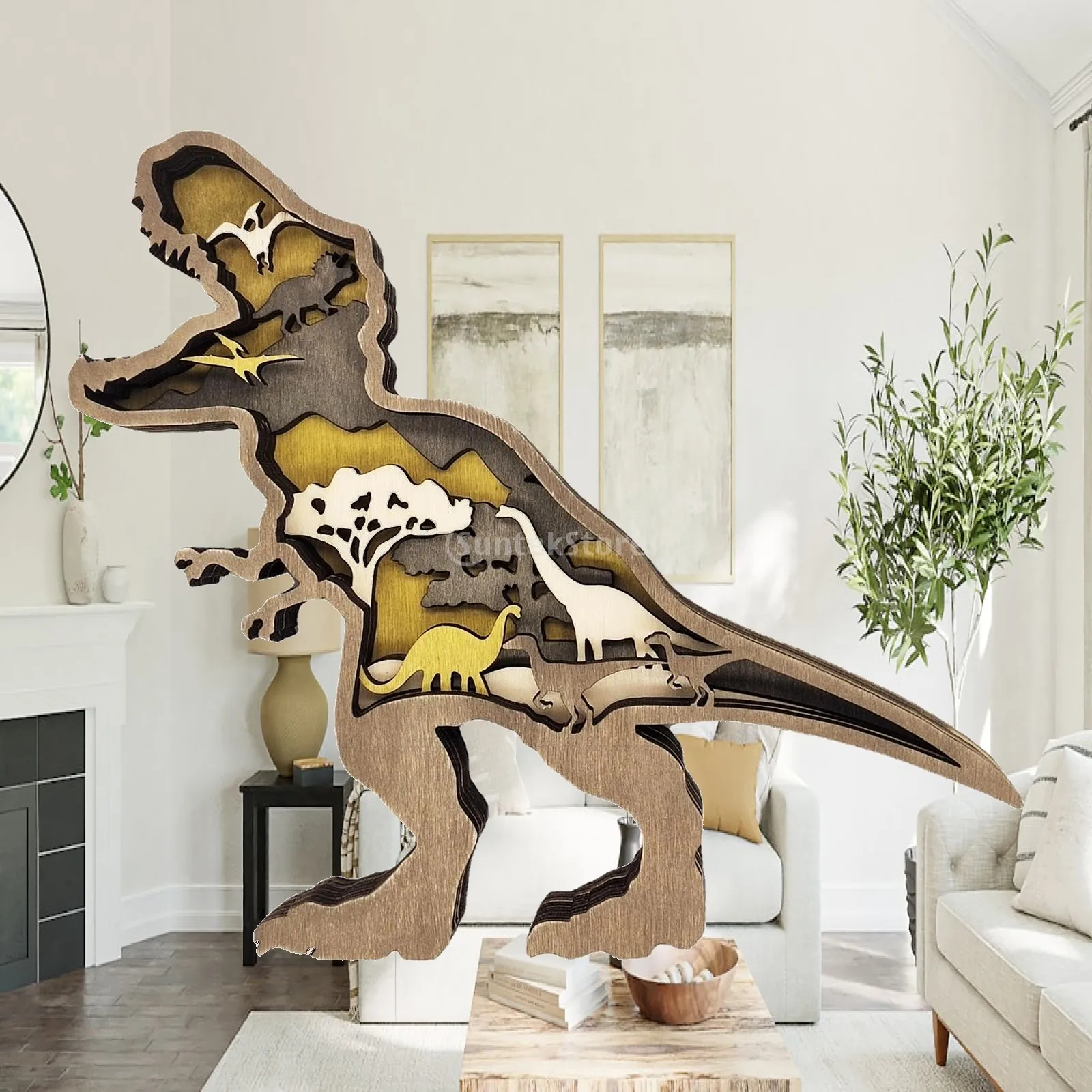 Wooden Hollowed Engraving Dinosaurs Night Light 3D Optical Illusion Home Table