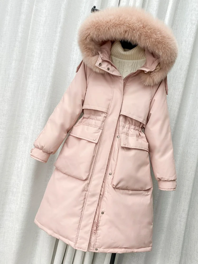 Fitaylor Winter Large Natural Fur Collar Hooded Feather Jacket Women Down Long Coat High Waist Warm Outwear Waist Retractable