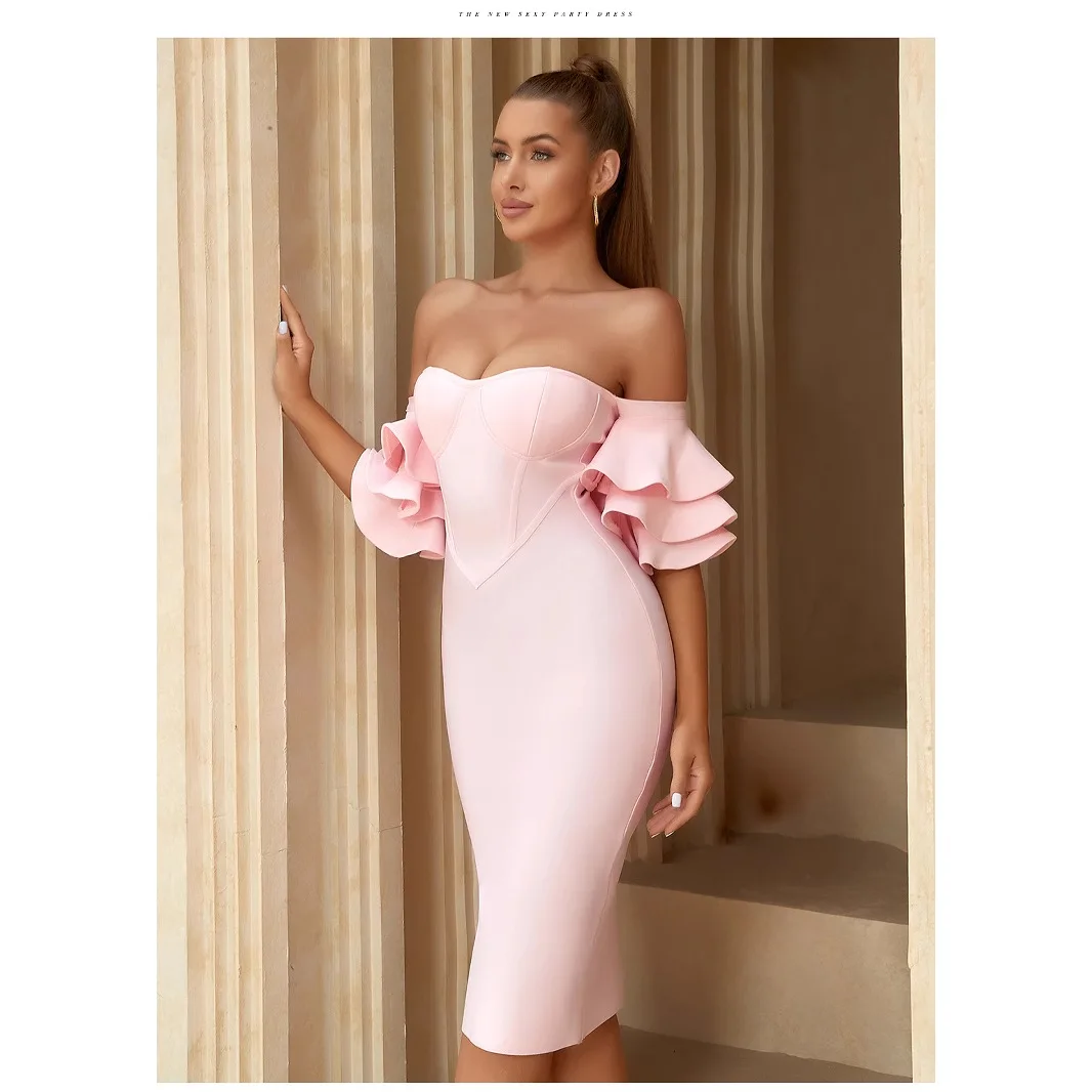 Pink Bandage Dress With Puff Sleeves, Off-shoulder, Sexy Short Sleeves, Stretchy Evening Gown For Banquets Prom Clothes Robe