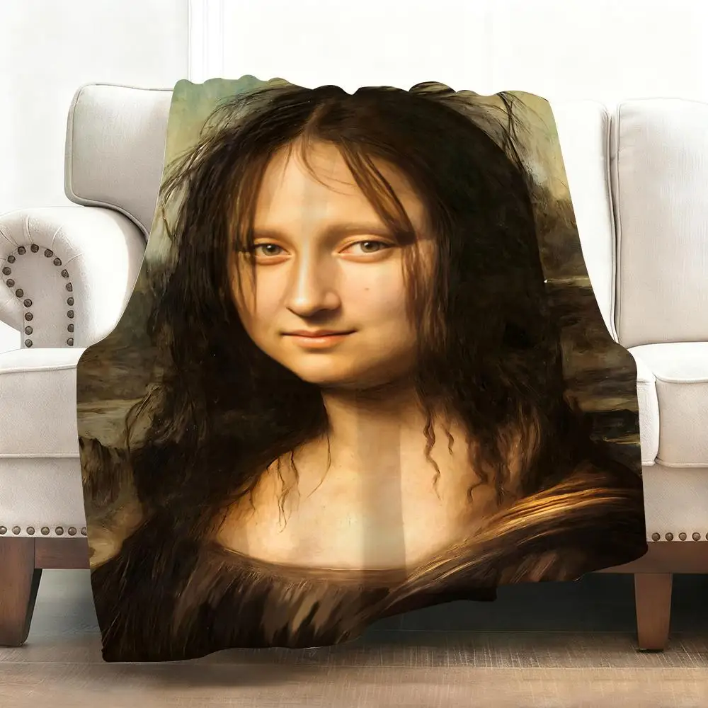 

Funny Mona Lisa Throw Soft Flannel Blanket Warm Knee Skin-Friendly Throw for Sofa Office Bed Traveling Winter Oversize