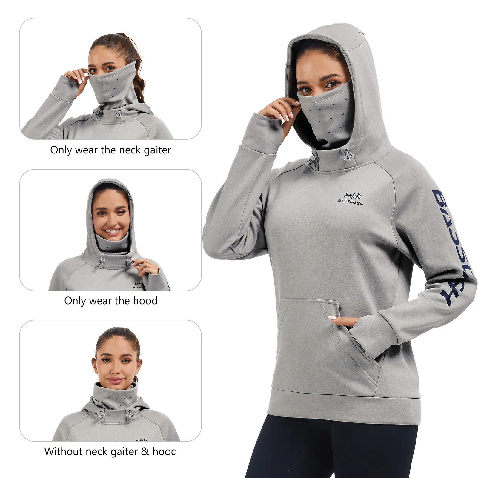 BASSDASH Women’s Fleece Fishing Hoodie with Neck Gaiter Water Resistant Performance Hiking Sweatshirt Pullover