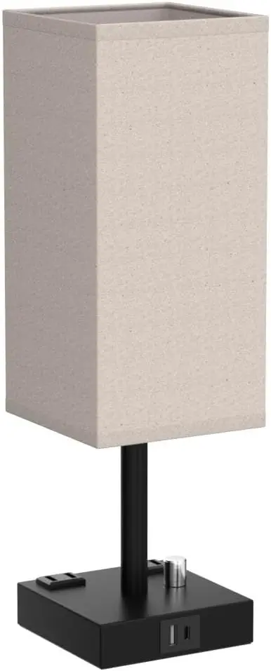 Lámparas de mesita de noche totalmente regulables, juego de 2 con puertos de carga USB C+A y salidas de CA, pantalla cuadrada de tela para dormitorio y sala de estar