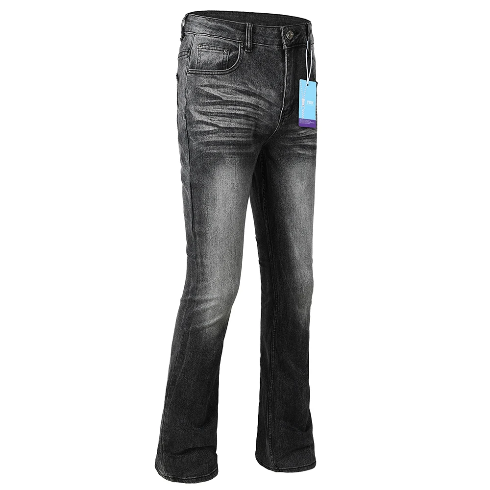 Herren Boot-Cut Denim-Jeans in Grau-Schwarz, Hochwertige Baumwollhose, Klassische Schlanke Stretch-Schlaghose – Detail 15