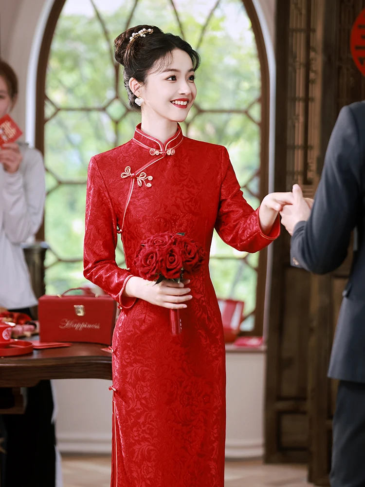 

Red Long Sve Wedding Dr for Engagement And Marriage Ceremony Low Slit Daily Wear Vintage Sle Gown