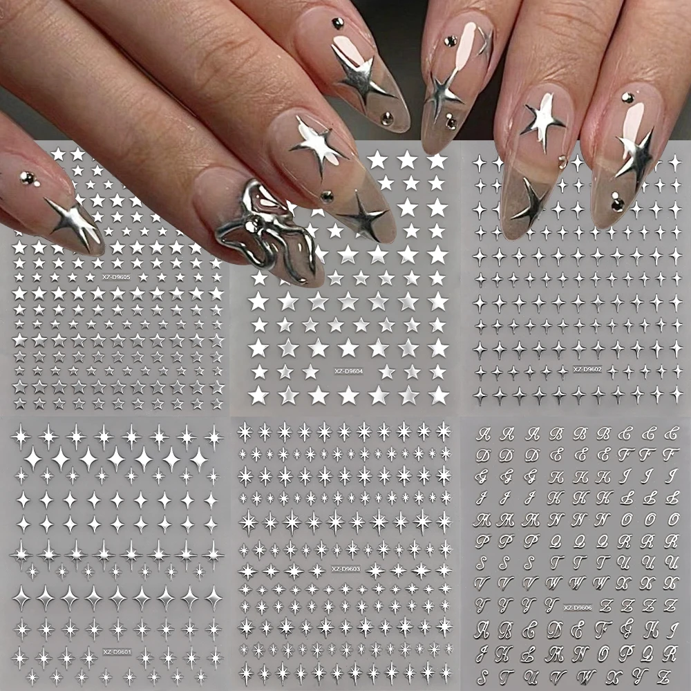 6 Stück/Set Metall Silber Stern Nagelaufkleber 3D Schimmer Starburst Kreuz Sternenlicht Nagelkunst Abziehbilder Y2K Pentagramm Maniküre Dekorationen