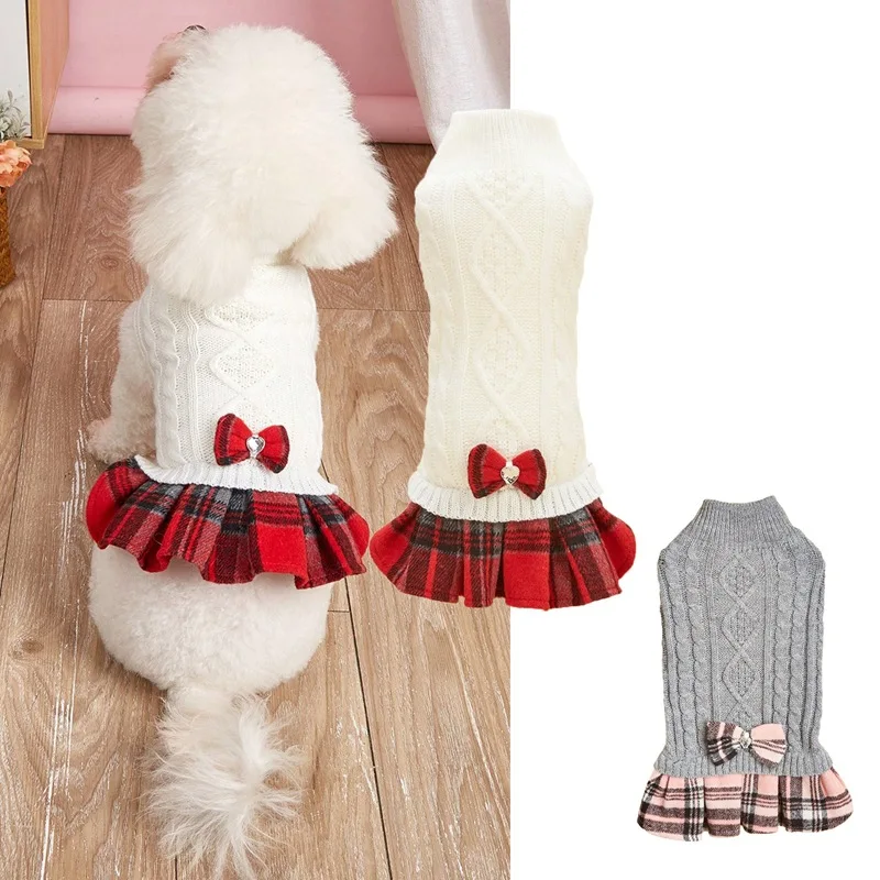 Pet Fur Dress White Gray Knitted Sweater Spliced Bow Plaid Skirt Woolen Coat Sweater Dog Christmas Clothes Puppy Clothes