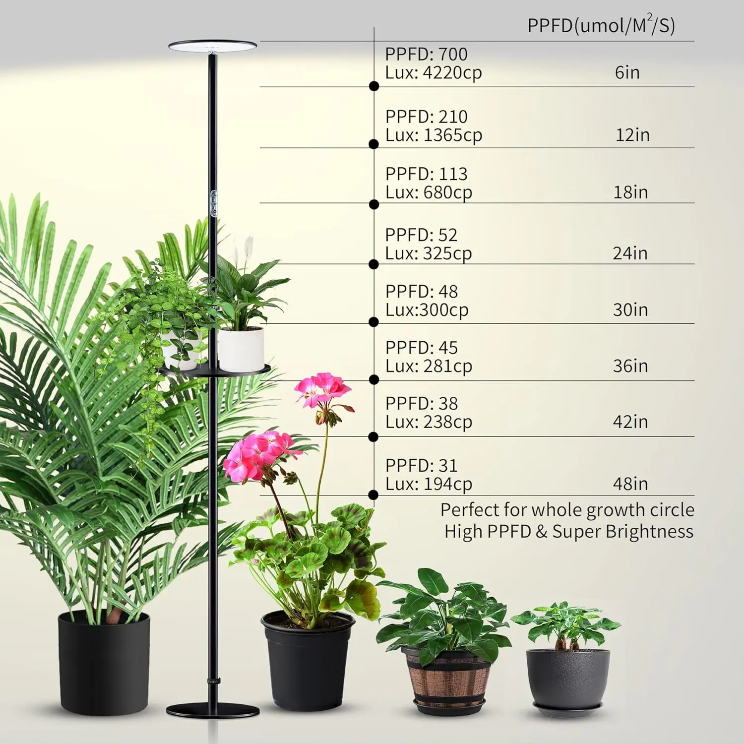 Lampu Grow ไฟ LED เต็มสเปกตรัมสำหรับพืชในร่มโคมไฟตั้งพื้นทำจากโลหะทั้งหมดพร้อมถาดความสูง10ระดับ69"