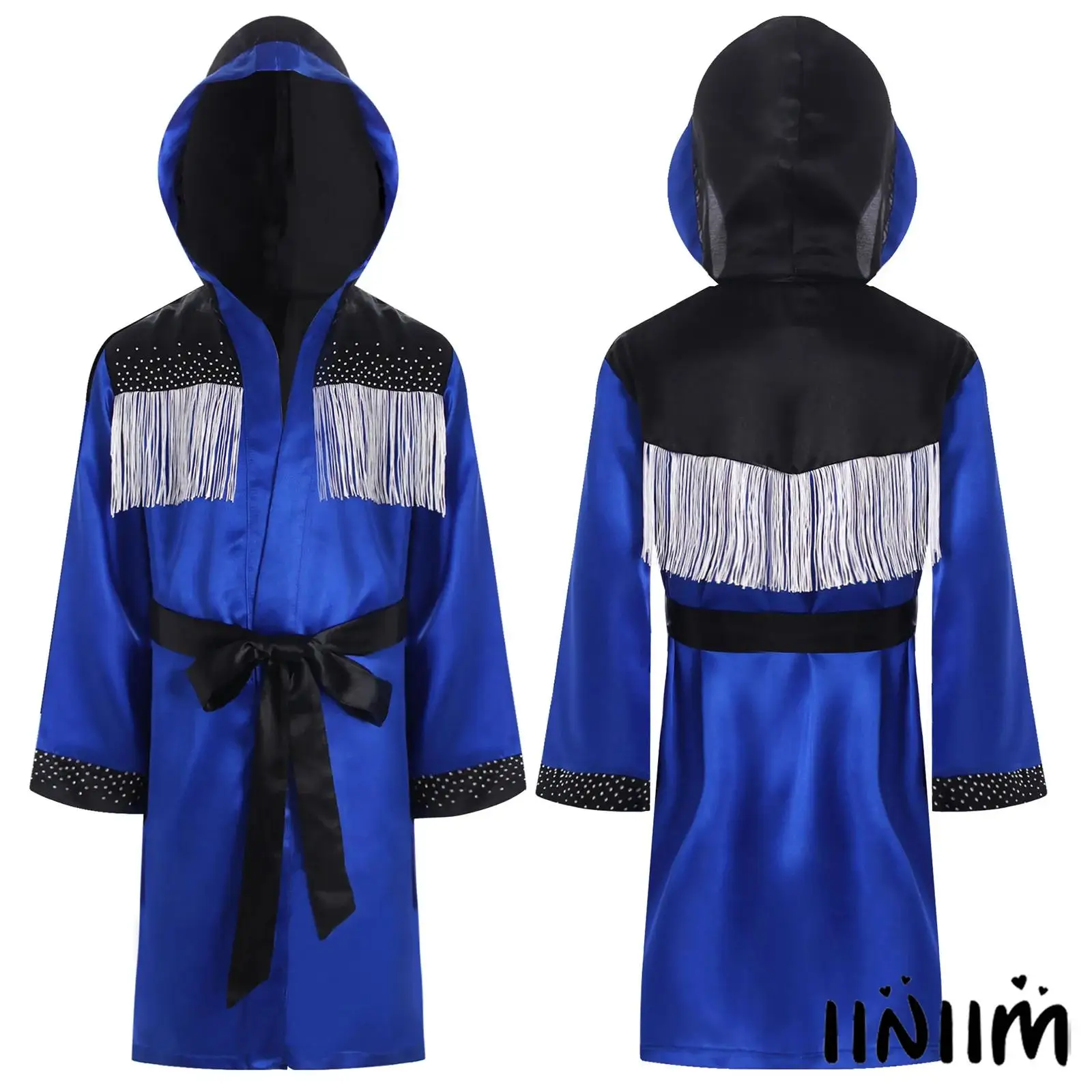 

Girls Boys Kickboxing Costume Boxing Robe Halloween Costumes Tassel Satin Hooded Cloak with Belt for Jiu Jitsu Fighting Wear