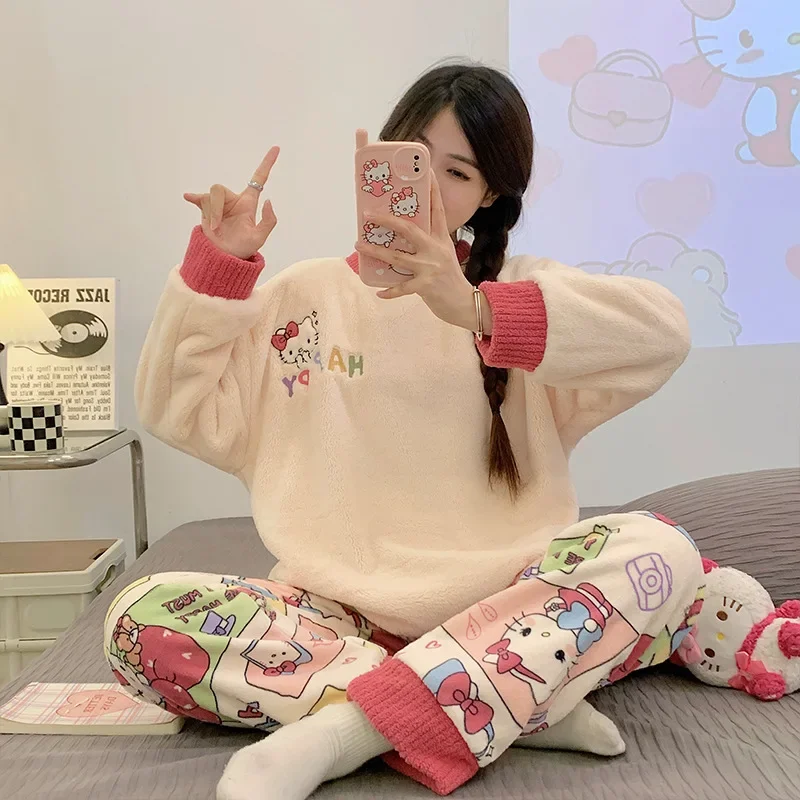 Sanrio Hello Kitty Winter New Coral Fleece Pajamas Female Cartoon Hanton Thickened Cute Kulomi Thin Fleece Homewear Set