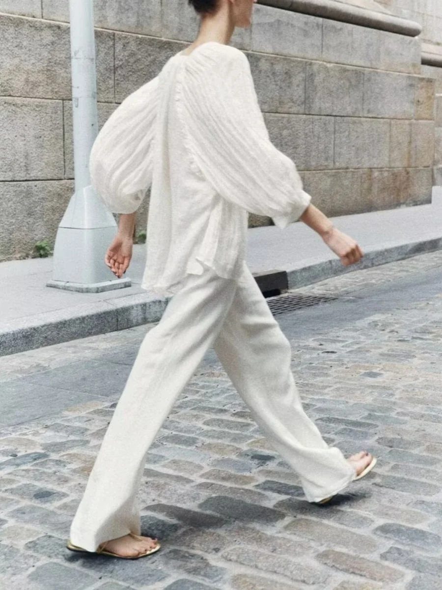 

New Summer Women's Faion Simple Comfortable V-ne Long Sve Linen Fluffy irt Commute Sle 00% Other Material