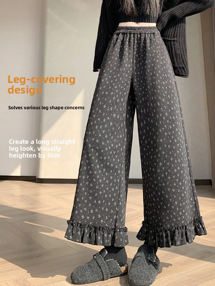 Thiened Fce Wide Leg Pants Women's Winter High Waist Elastic Waist Floral Print Casual Trousers Nine Points Pants