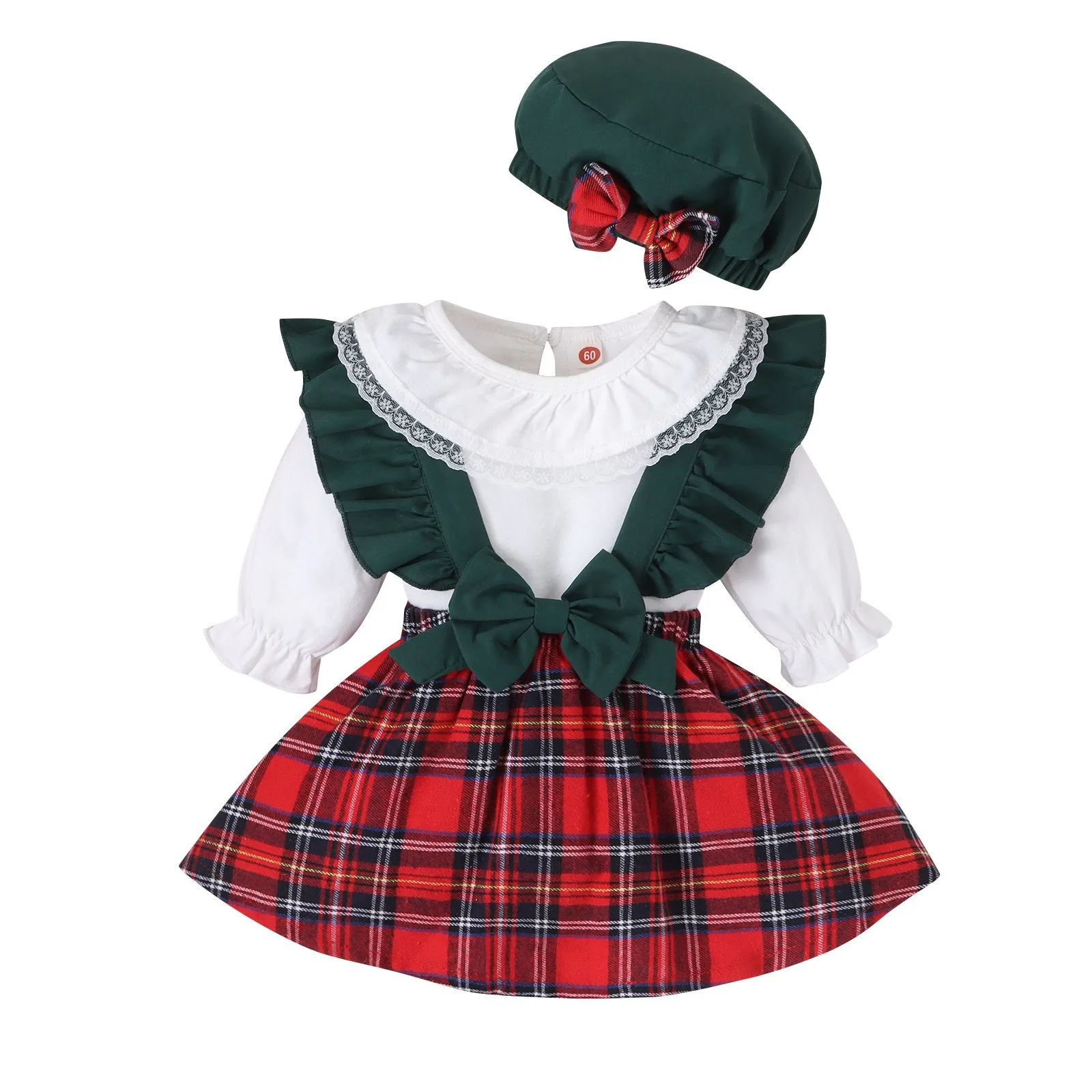 Christmas Baby Girl Clothes Solid Color Lace Bodysuit Plaid Ruffles Suspenders Dress with Basque Cap Toddler Outwear Suit