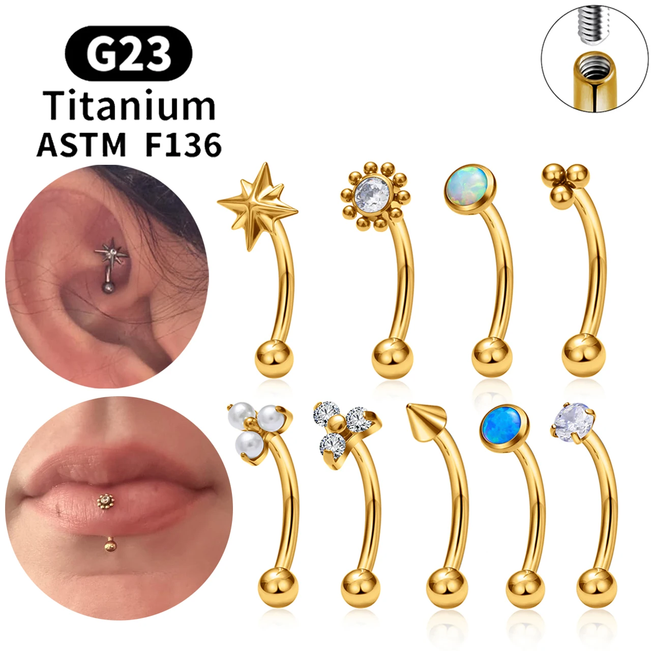 ASTM F136 Titanium Hexagram Rook Earring Curved Barbell Belly Rings 16G CZ Internal Thread Eyebrow Ring Body Piercing Jewelry
