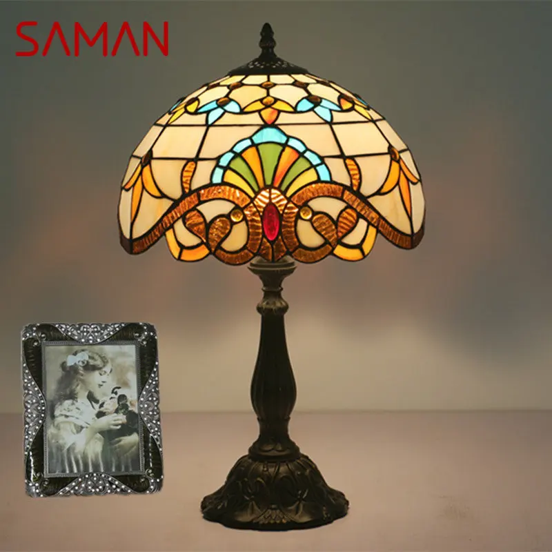 

SAMAN Modern Tiffany Table Lamp LED Creative Retro European Stained Glass Desk Light Decor for Home Living Room Bedroom