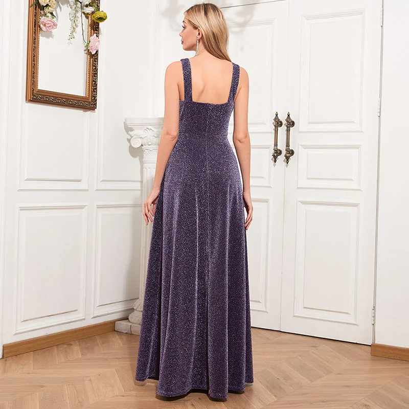 Dark Purple A-line Formal Dress for Women Long Shiny Silver Thread Party Prom Side Slit Beautiful V-neck Backless Holiday Dress