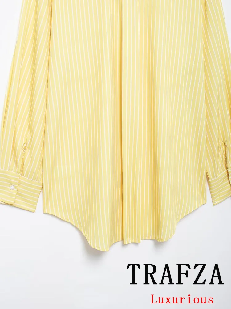 TRAFZA Vintage Casual Chic Women Suit Striped Single Breasted Turn-down Collar Blouse Loose Straight Pants Fashion 2024 Suits