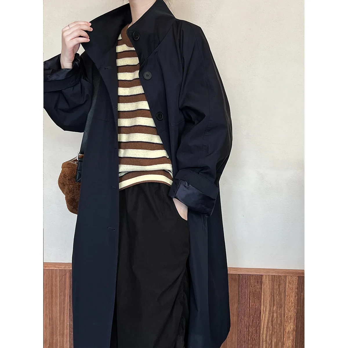 SuperAen 2024 Autumn and Winter New Design Style Stand Collar Loose Fashion Long Windbreaker Coat