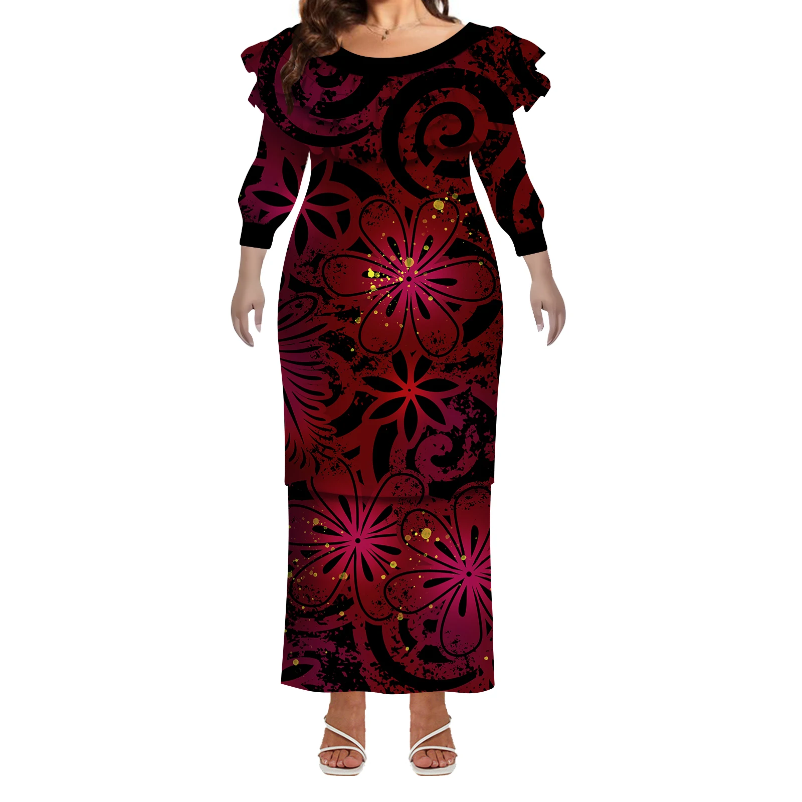 Vestido feminino polinésio, confortável e casual, camada dupla, babados, manga média, feito sob medida, pulôverasi, vestido justo