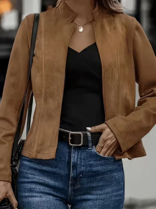 Frühling und Herbst Neuer Stil Pendler-Style Einfarbige Kurze Stehkragen-Jacke Strickjacke Ohne Taschen – Detail 4
